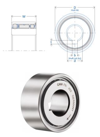 GMN FN 453 sprag clutch below two drawings representing the width and diameter of the clutch.